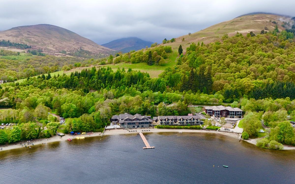 An aerial drone photo of Loch Lomond in Scotland