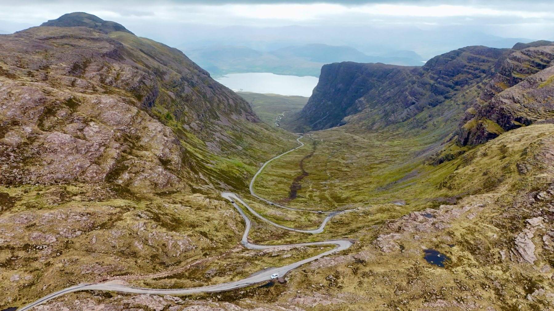 The winding Bealach na Ba road to Applecross in the Scottish Highlands