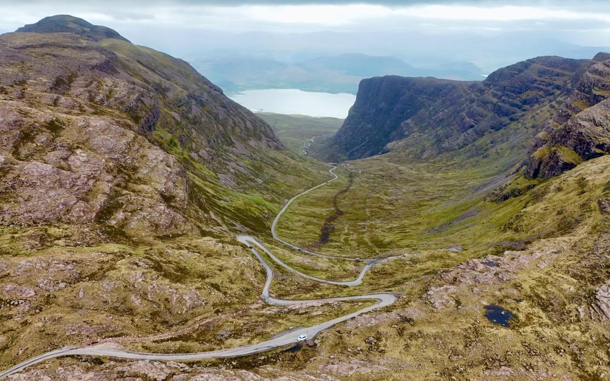 The winding Bealach na Ba road to Applecross in the Scottish Highlands