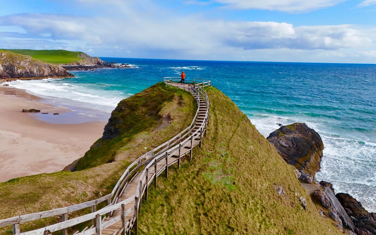 The coastline and boardwalk at Strathy Point in the Scottish Highlands